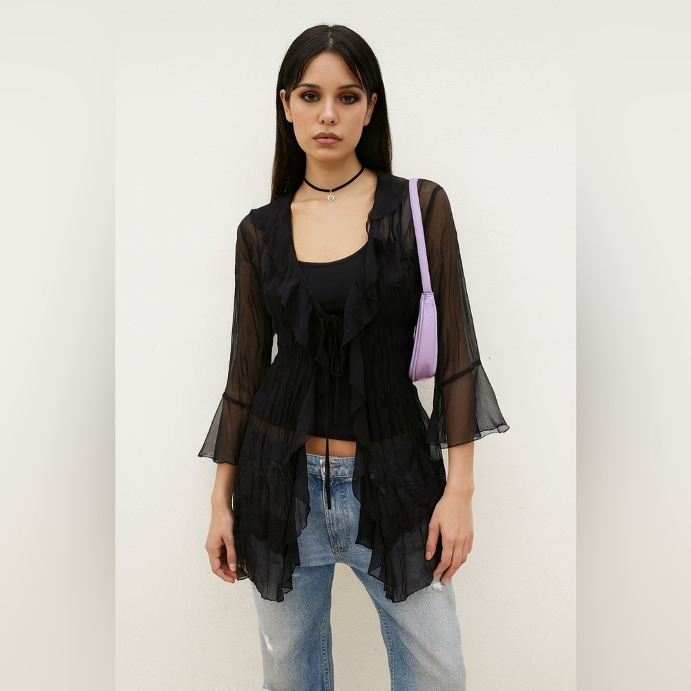 Studio 1940 Black Y2K Sheer Crinkle Blouse Sz. 14/16‎
